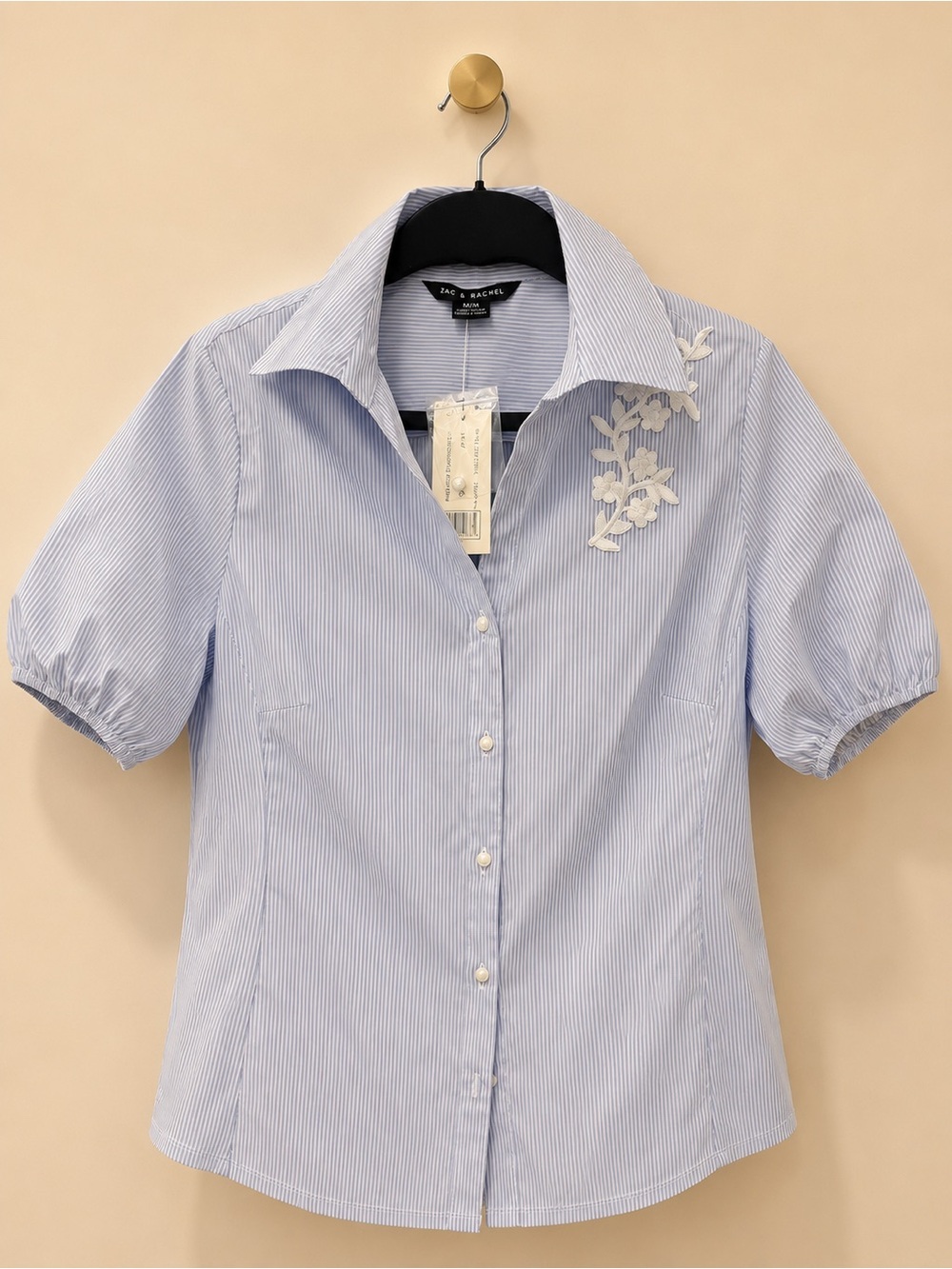 White Floral Embroidered Light Blue Pinstripe Button-Up Shirt women blouse